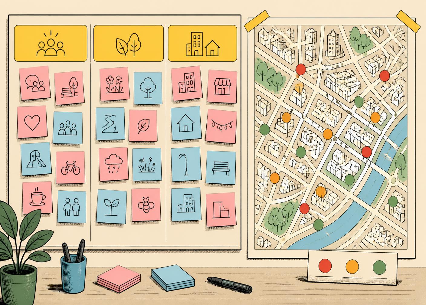 Bacheca digitale con post-it di criticità e proposte accanto a una mappa con punti di priorità